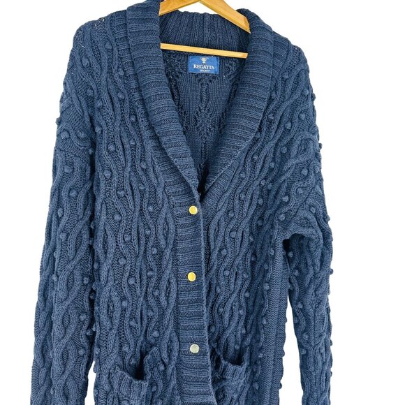 Vintage Regatta Sport Navy Blue Heavy Ramie Button Front Cable Knit Sweater L - Picture 3 of 8